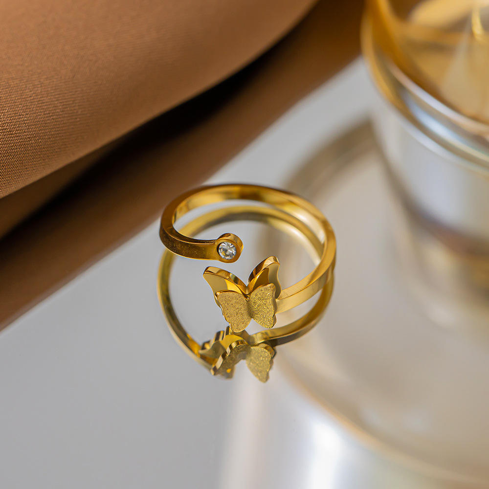 TEULRIP Anti Tarnish Stainless Steel Open Butterfly Zircon Ring for Women