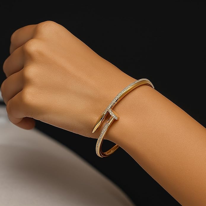 TEULRIP Gold Plated Stainless Steel Nail Dimond Cuff Bracelet for Women
