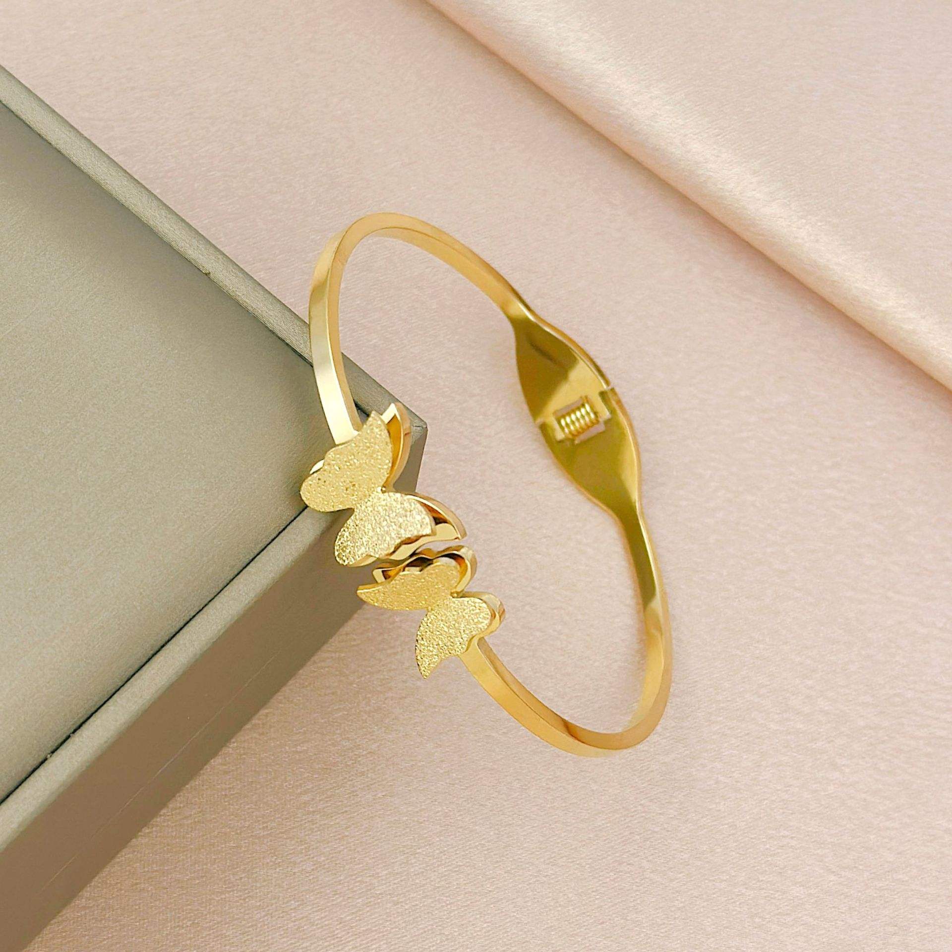 TEULRIP Gold Plated Stainless Steel Butterfly Bangle Bracelet for Women