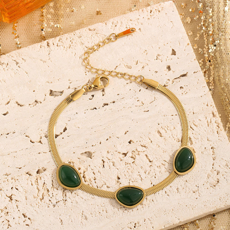 TEULRIP Gold Plated Stainless Steel Flat Chain Green Emerald Bracelet for Women