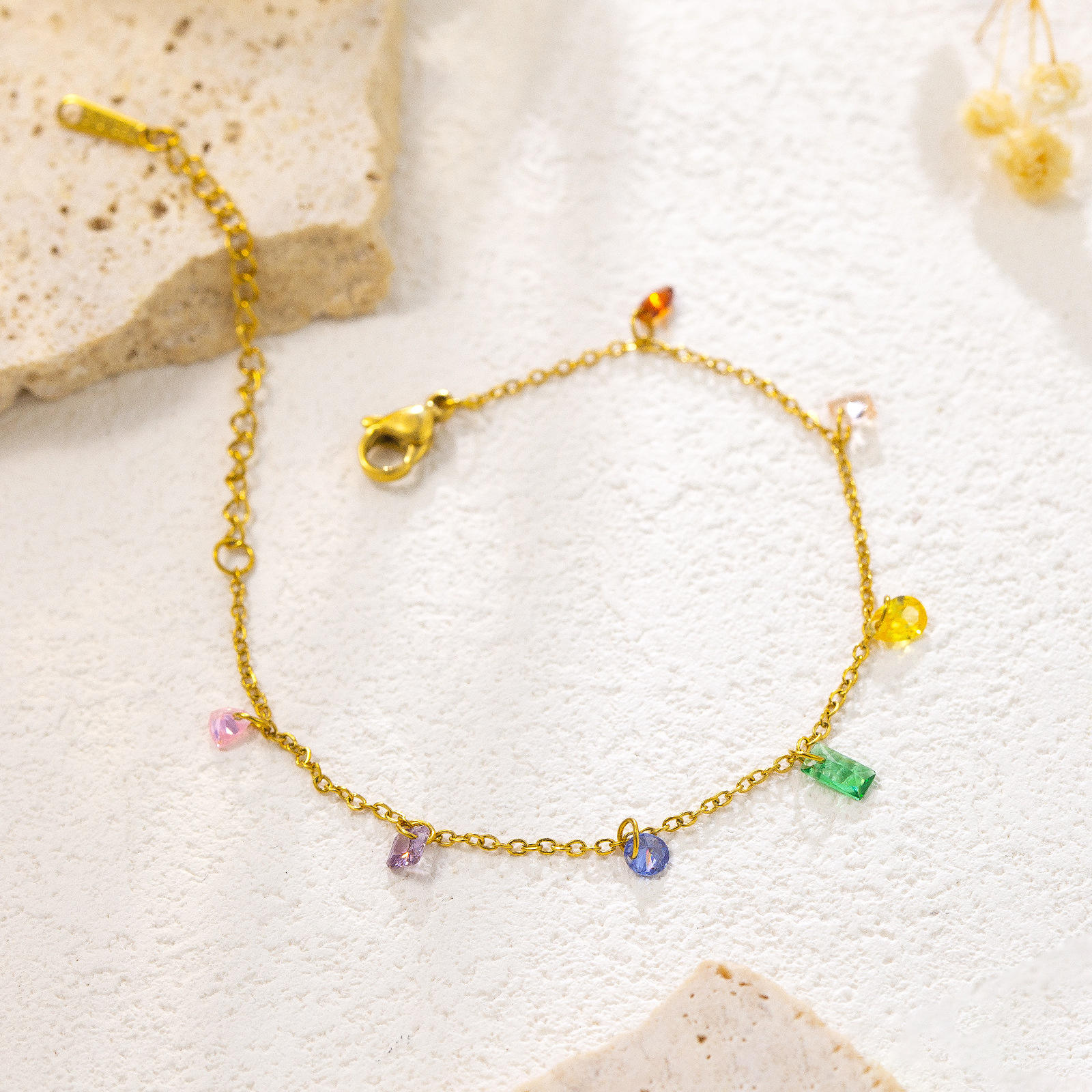 TEULRIP Anti Tarnish Gold Plated Stainless Steel Colorful Gemstone Bracelet or Anklet for Women