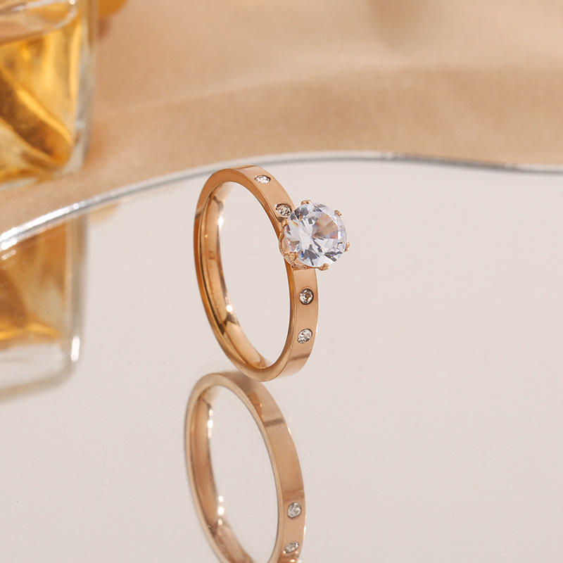 TEULRIP Anti Tarnish Rose Gold Stainless Steel Zircon Diamond Ring for Women