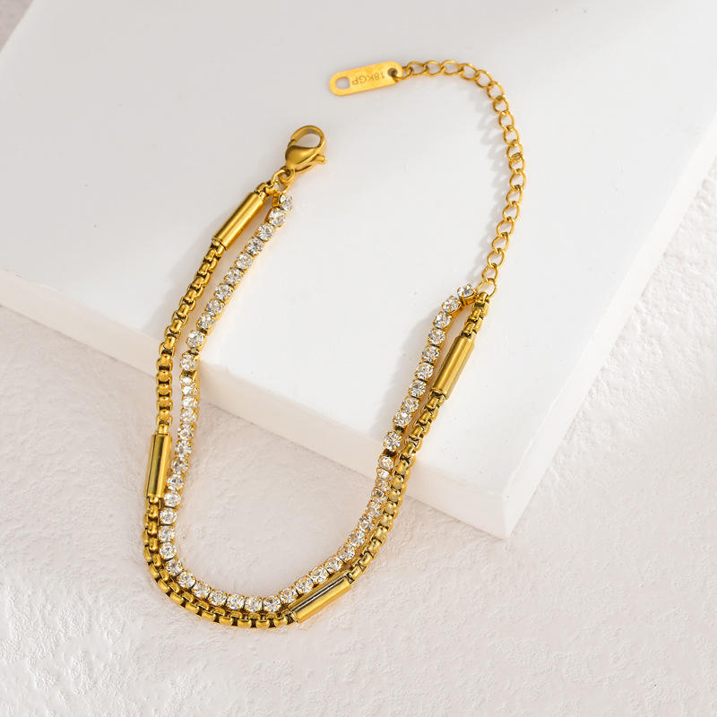 TEULRIP Gold Plated Titanium Steel Tennis Double-Layered Diamond-Studded Bracelet