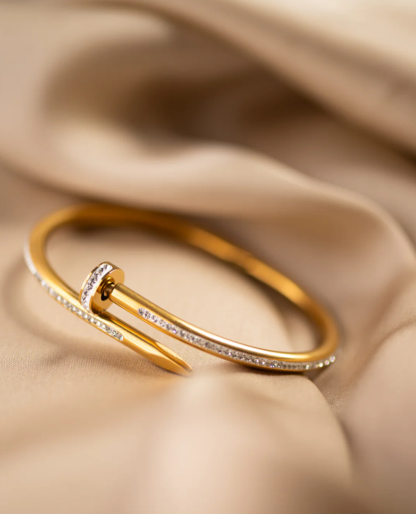 TEULRIP Gold Plated Stainless Steel Nail Dimond Cuff Bracelet for Women