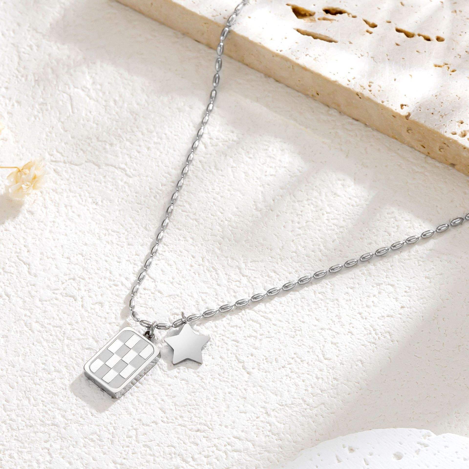 TEULRIP  Silver Stainless Steel Square Card Checkerboard Pendant Necklace for Women