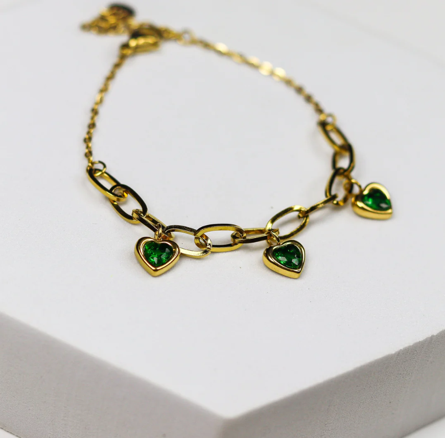 TEULRIP Gold Plated Stainless Steel Green Zircon Heart Charm Bracelet