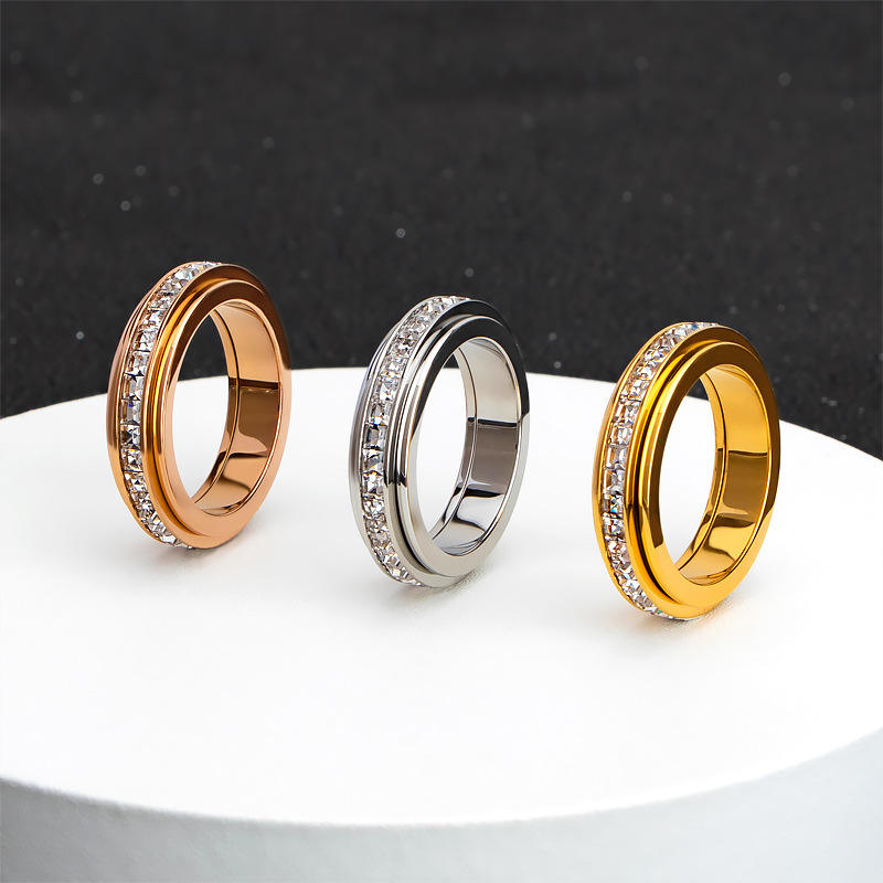 TEULRIP Anti Tarnish Gold, Silver & Rose Gold Rotating Spinning Zircon Titanium Steel Ring
