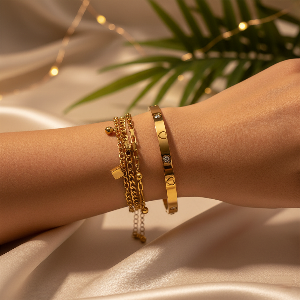 TEULRIP Bracelet Combo for Her – Gold Plated Double Layer Cuban Chain & Zircon Heart Stainless Steel Bracelets