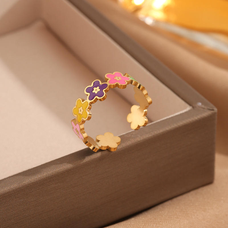 TEULRIP Stainless Steel Colorful Flower Adjustable Ring for Women