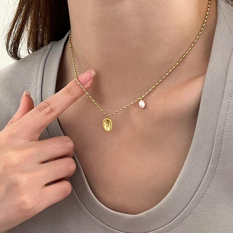 TEULRIP Gold Plated Stainless Steel Pearl Oval Pendant Necklace for Women