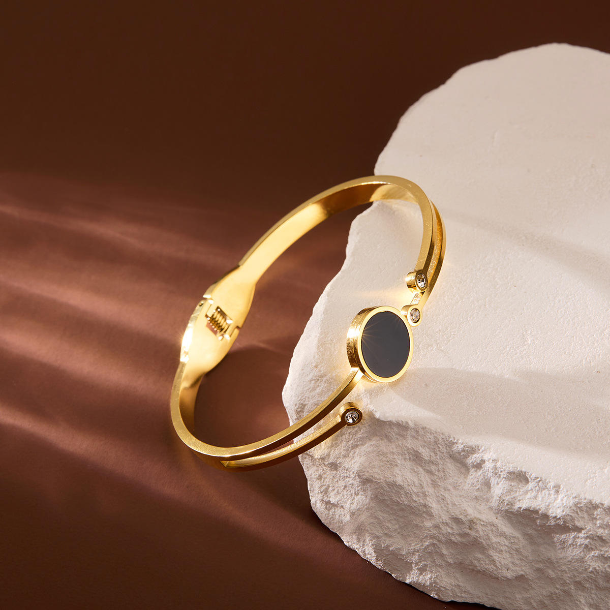 TEULRIP Gold Plated Stainless Steel Black Sparkling Bangle Bracelet for Women