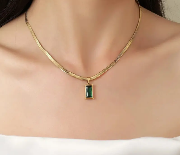 TEULRIP Gold Plated Snake Chain Green Cubic Zirconia Emerald Pendant Stainless Steel Necklace