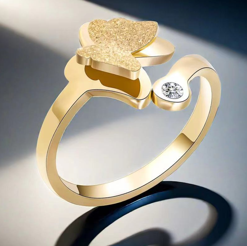 TEULRIP Anti Tarnish Stainless Steel Open Butterfly Zircon Ring for Women