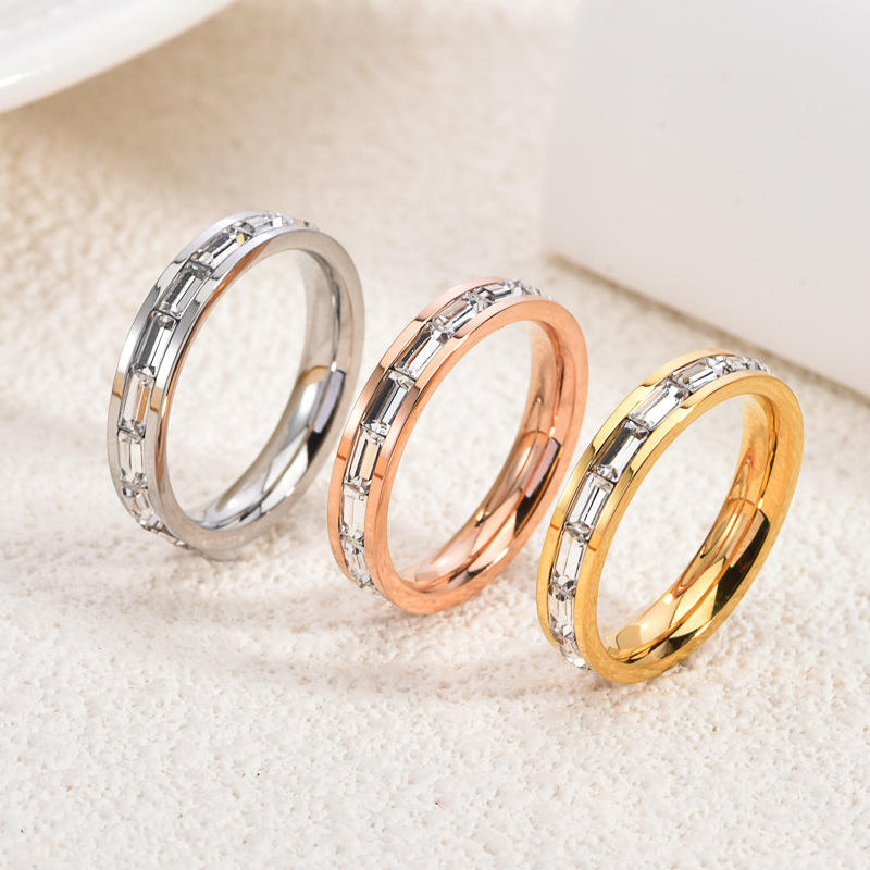 TEULRIP Anti Tarnish Gold, Silver & Rose Gold Rectangle Zircon Pave Surround Stainless Steel Ring