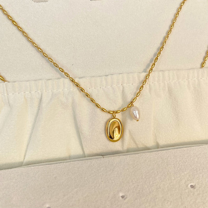 TEULRIP Gold Plated Stainless Steel Pearl Oval Pendant Necklace for Women