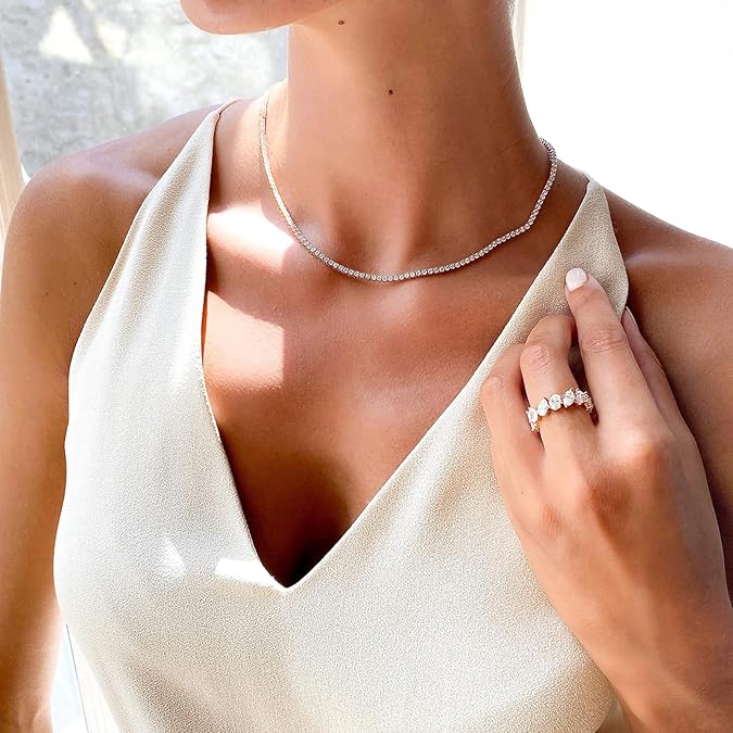 TEULRIP Stainless Steel with Cubic Diamond Zirconia Silver Tennis Choker Necklace