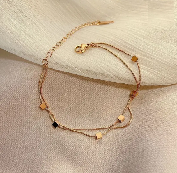 TEULRIP Anti Tarnish Gold Plated Stainless Steel Mini Square Charm Double Layer Bracelet for Women