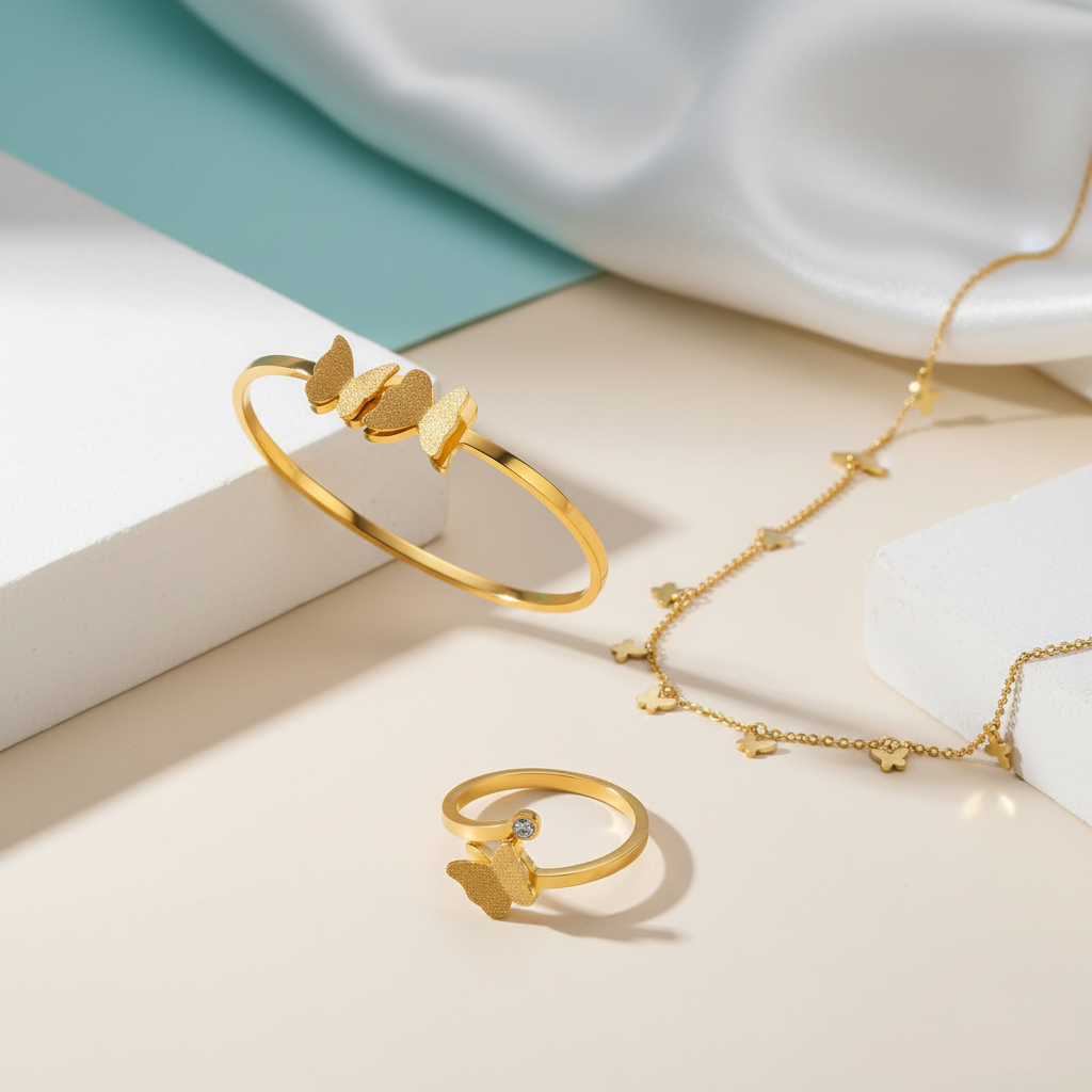 TEULRIP Butterfly Combo Set for Her – Gold Plated Stainless Steel Necklace, Bracelet & Ring