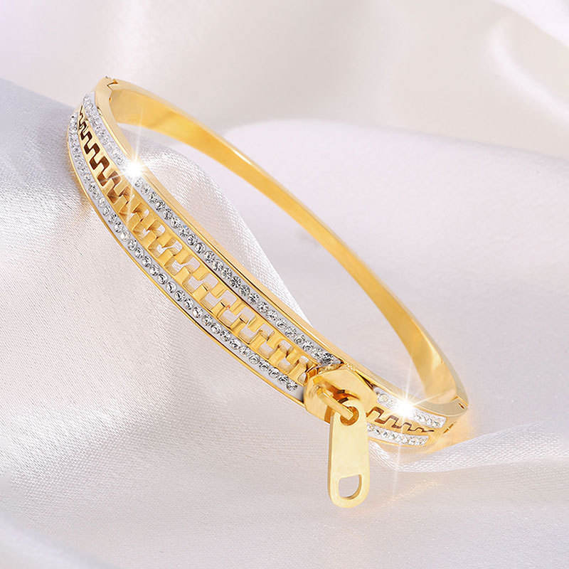 TEULRIP Gold Plated Stainless Steel Cubic Zirconia Studded Zip Hand Bracelet for Women