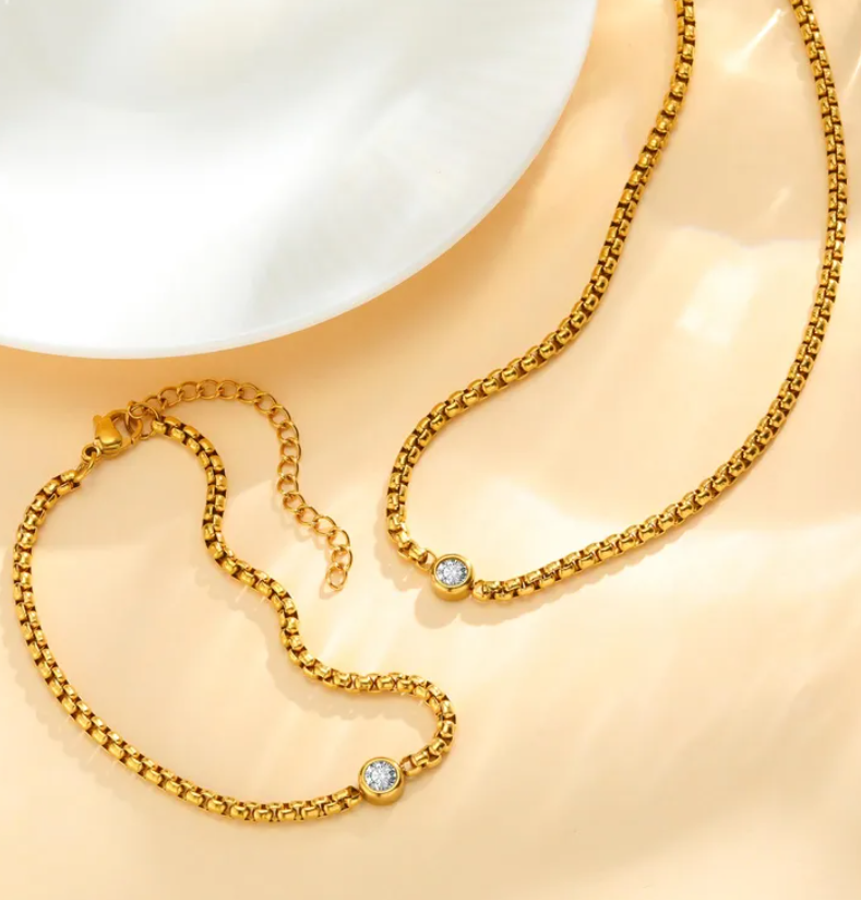 TEULRIP Anti Tarnish Combo for Her - Gold Plated Stainless Steel Zircon Chain Bracelet & Necklace for Women