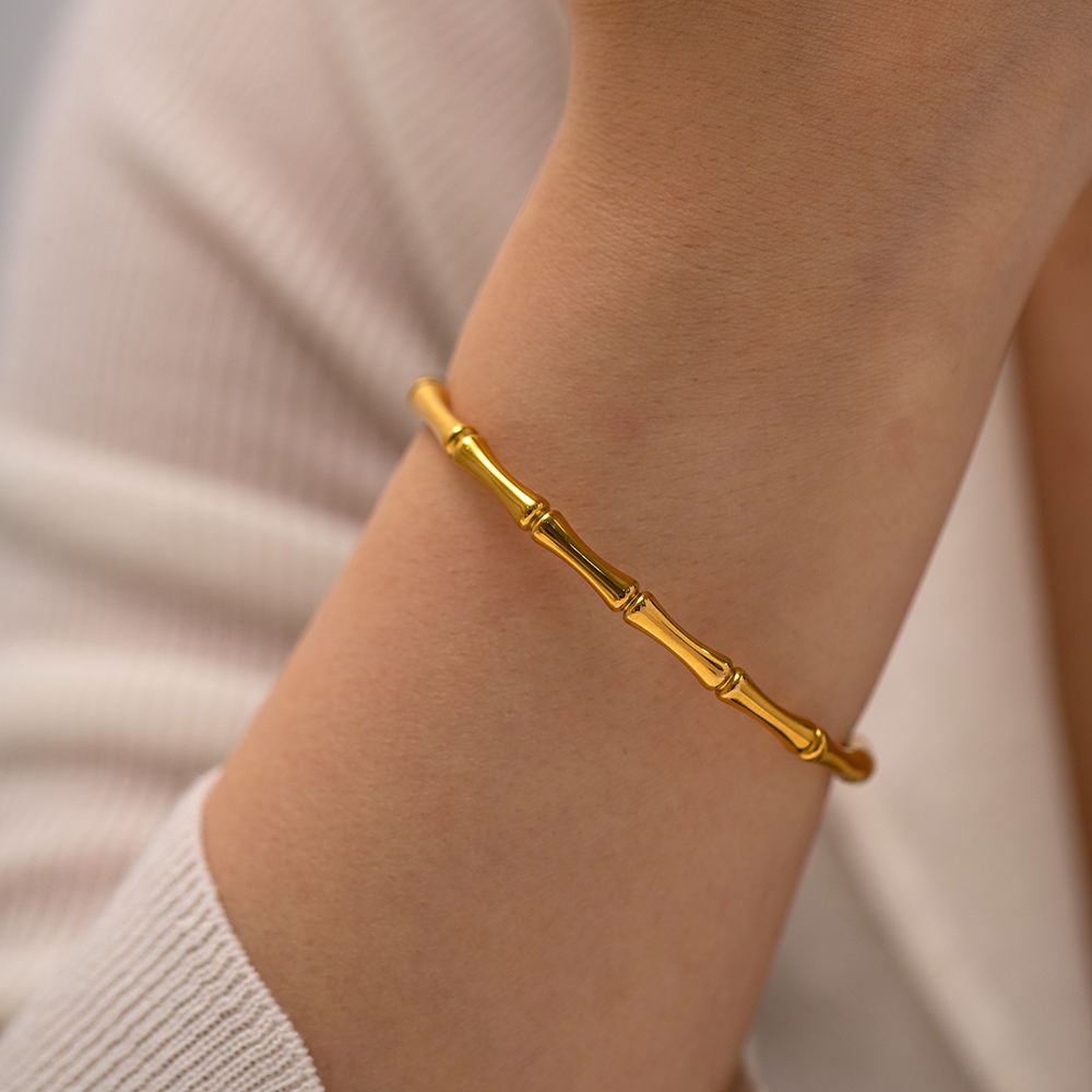 TEULRIP Gold Plated Stainless Steel Bamboo Kada Bracelet for Women