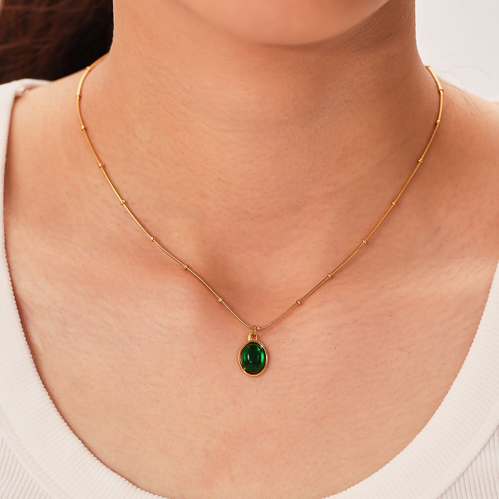 TEULRIP Gold Plated Green Oval Stone Stainless Steel Chain Necklace for Women