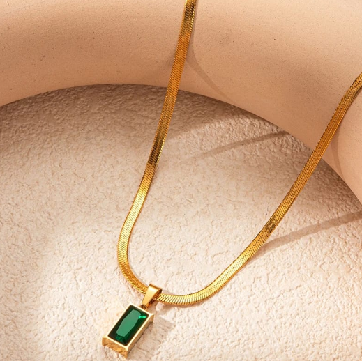 TEULRIP  Gold Plated Snake Chain Green Cubic Zirconia Emerald Pendant Stainless Steel Necklace