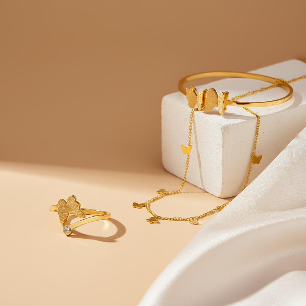 TEULRIP Butterfly Combo Set for Her – Gold Plated Stainless Steel Necklace, Bracelet & Ring