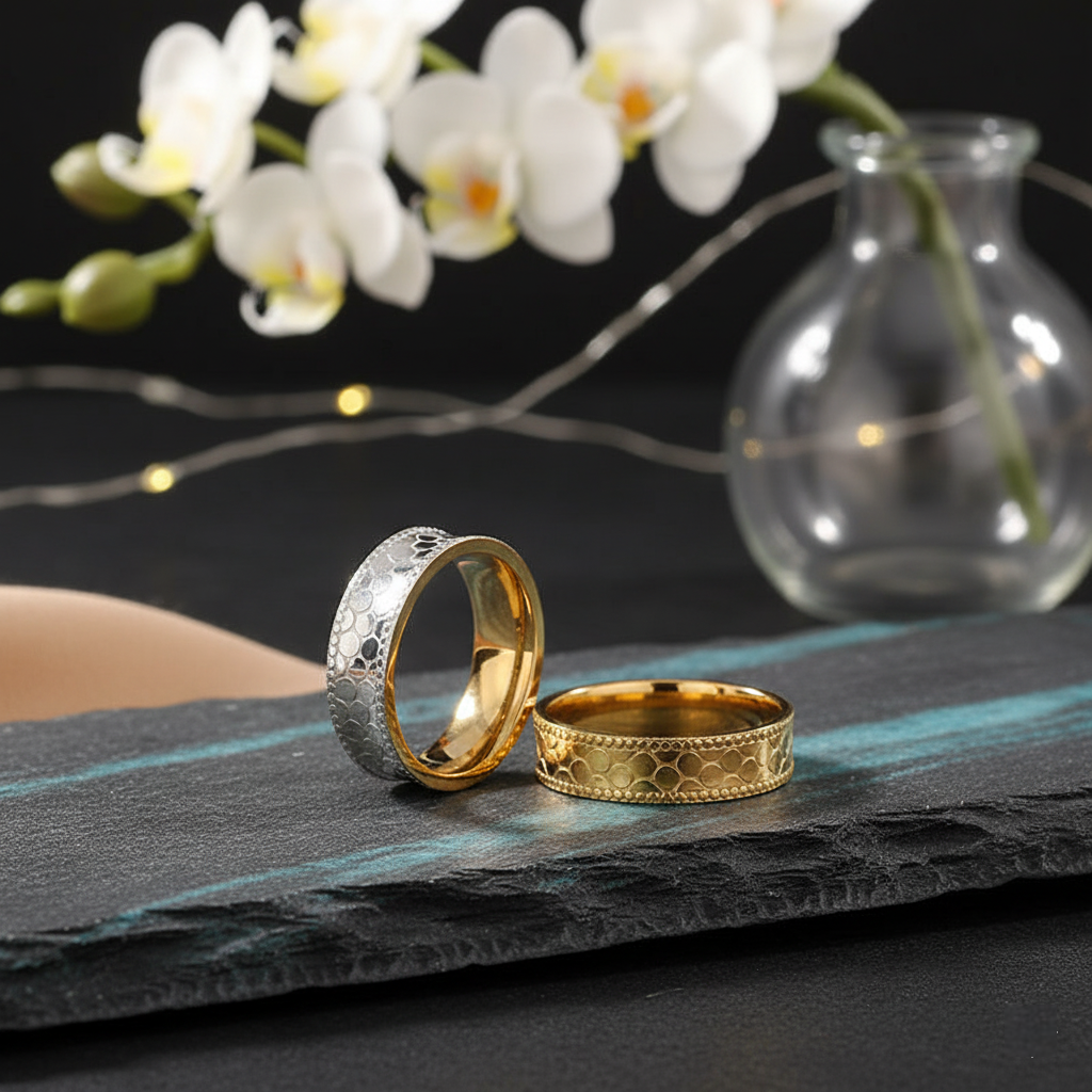 TEULRIP Gold & Silver Stainless Steel Fish Scale Design Rings 