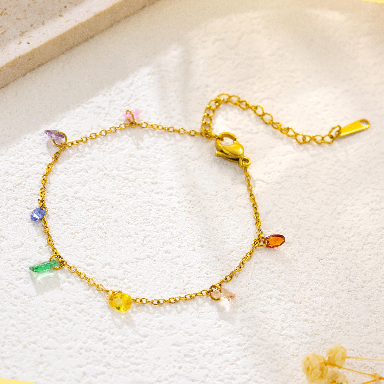 TEULRIP Anti Tarnish Gold Plated Stainless Steel Colorful Gemstone Bracelet or Anklet for Women