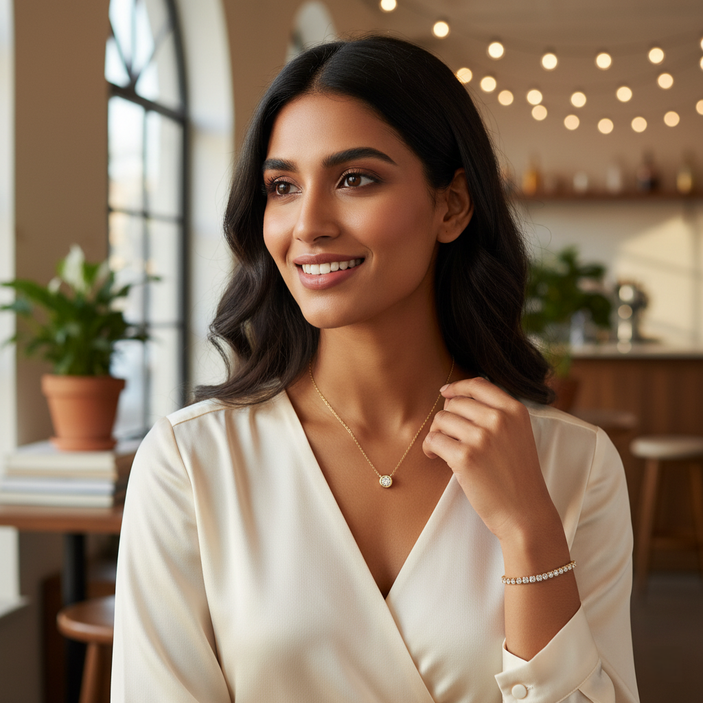 TEULRIP Combo Set for Her – Gold Plated Fine Diamond Tennis Bracelet & Minimal Zircon Pendant Stainless Steel Necklace 