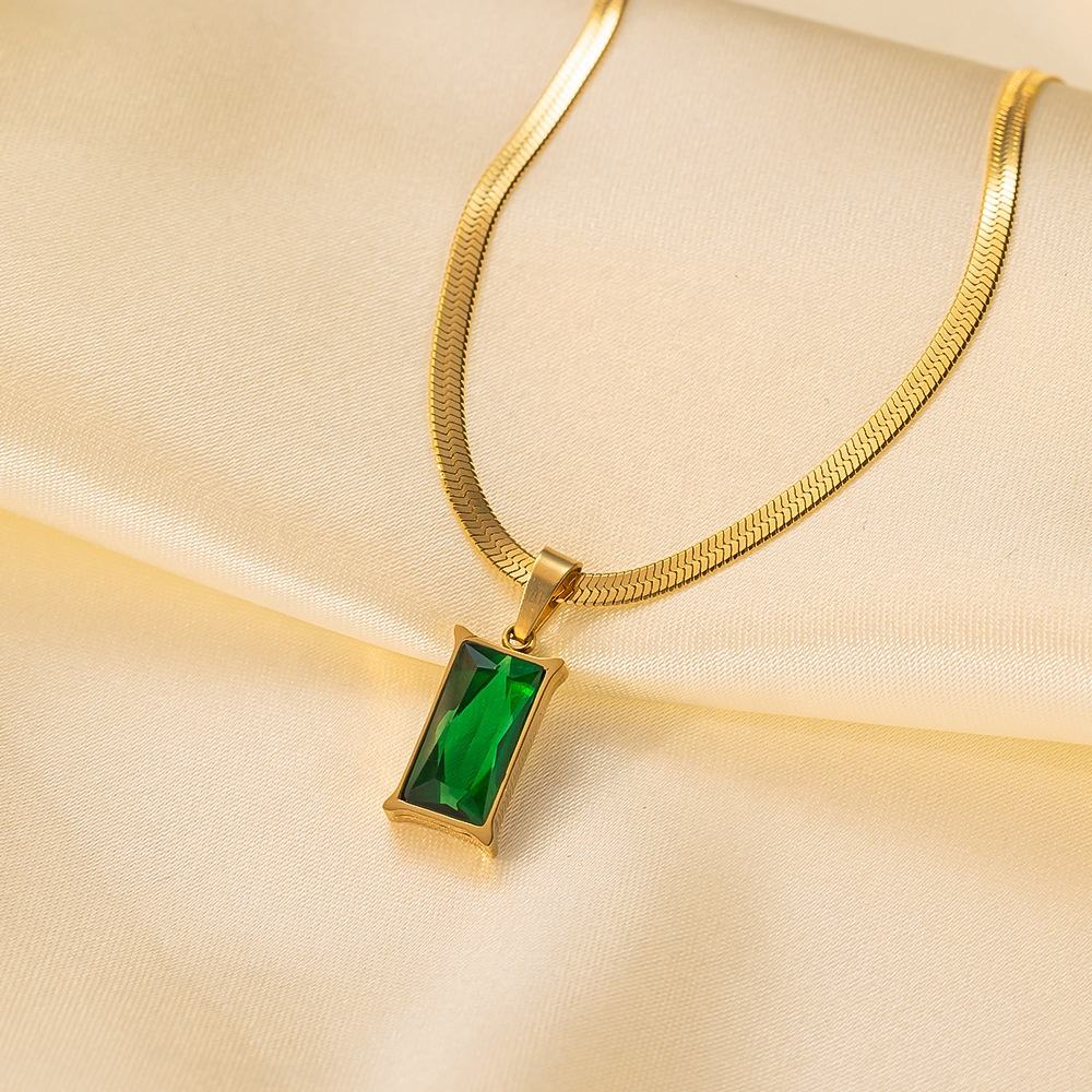 TEULRIP  Gold Plated Snake Chain Green Cubic Zirconia Emerald Pendant Stainless Steel Necklace