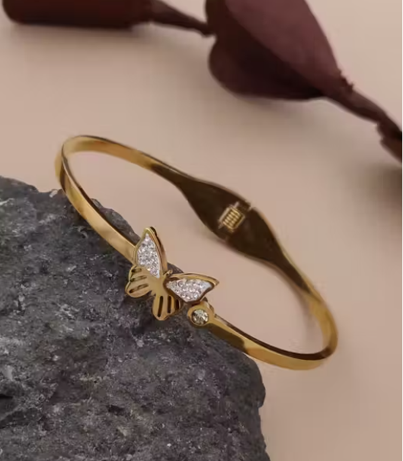 TEULRIP Gold Plated Stainless Steel Diamond Stud Butterfly Bracelet for Women
