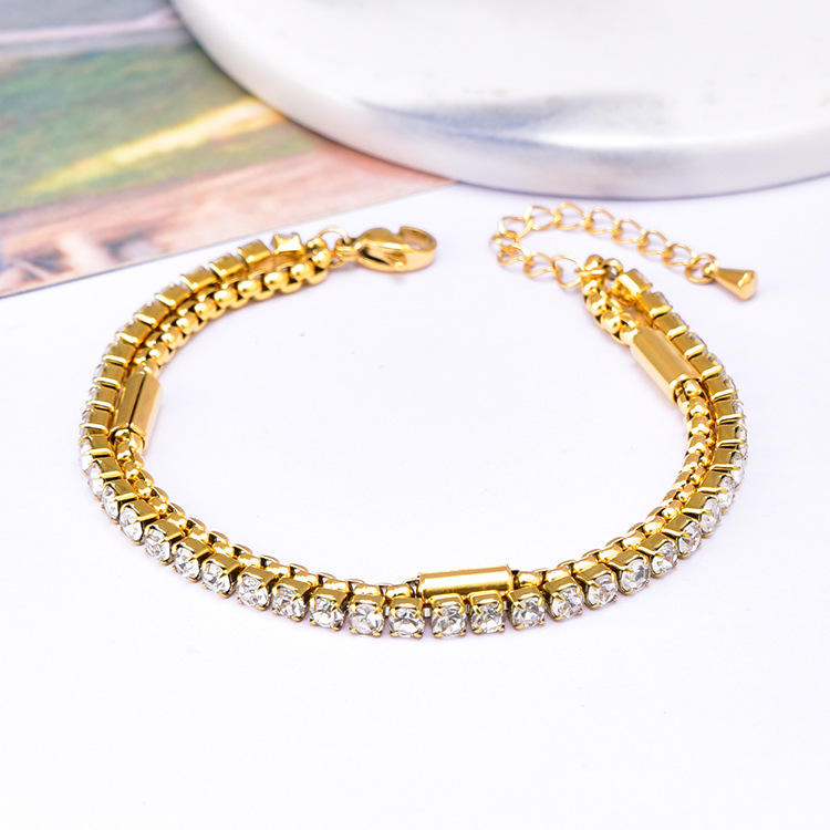 TEULRIP Gold Plated Titanium Steel Tennis Double-Layered Diamond-Studded Bracelet