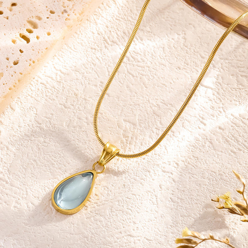 TEULRIP Blue Waterdrop Crystal, Gold Plated Stainless Steel Necklace for Women