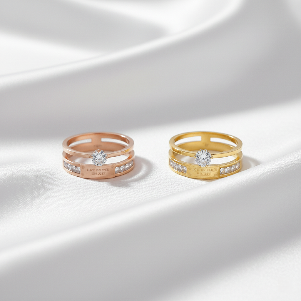 TEULRIP Gold & Rose Gold Stainless Steel Layered Zircon Ring for Women