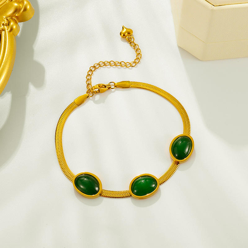 TEULRIP Gold Plated Stainless Steel Flat Chain Green Emerald Bracelet for Women