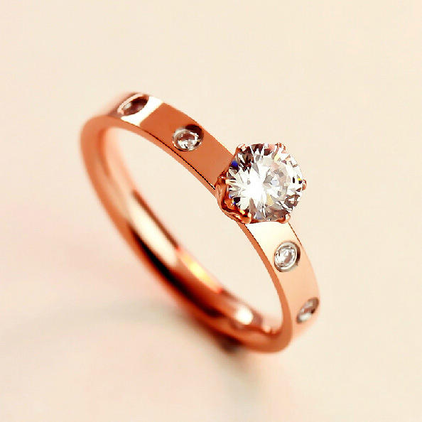 TEULRIP Anti Tarnish Rose Gold Stainless Steel Zircon Diamond Ring for Women