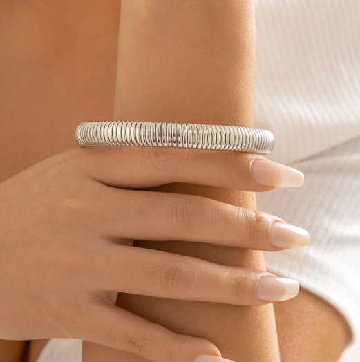 TEULRIP Stainless Steel Silver Elastic Stripe Bracelet