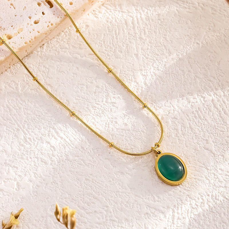 TEULRIP Gold Plated Green Oval Stone Stainless Steel Chain Necklace for Women