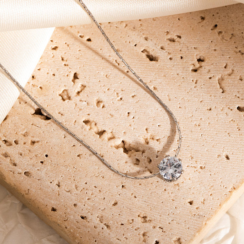 TEULRIP AStainless Steel Diamond Zircon Silver Necklace for Women