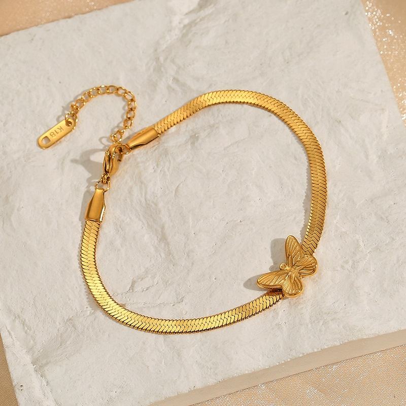 TEULRIP Gold Plated Stainless Steel Flat Snake Chain Butterfly Charm Bracelet