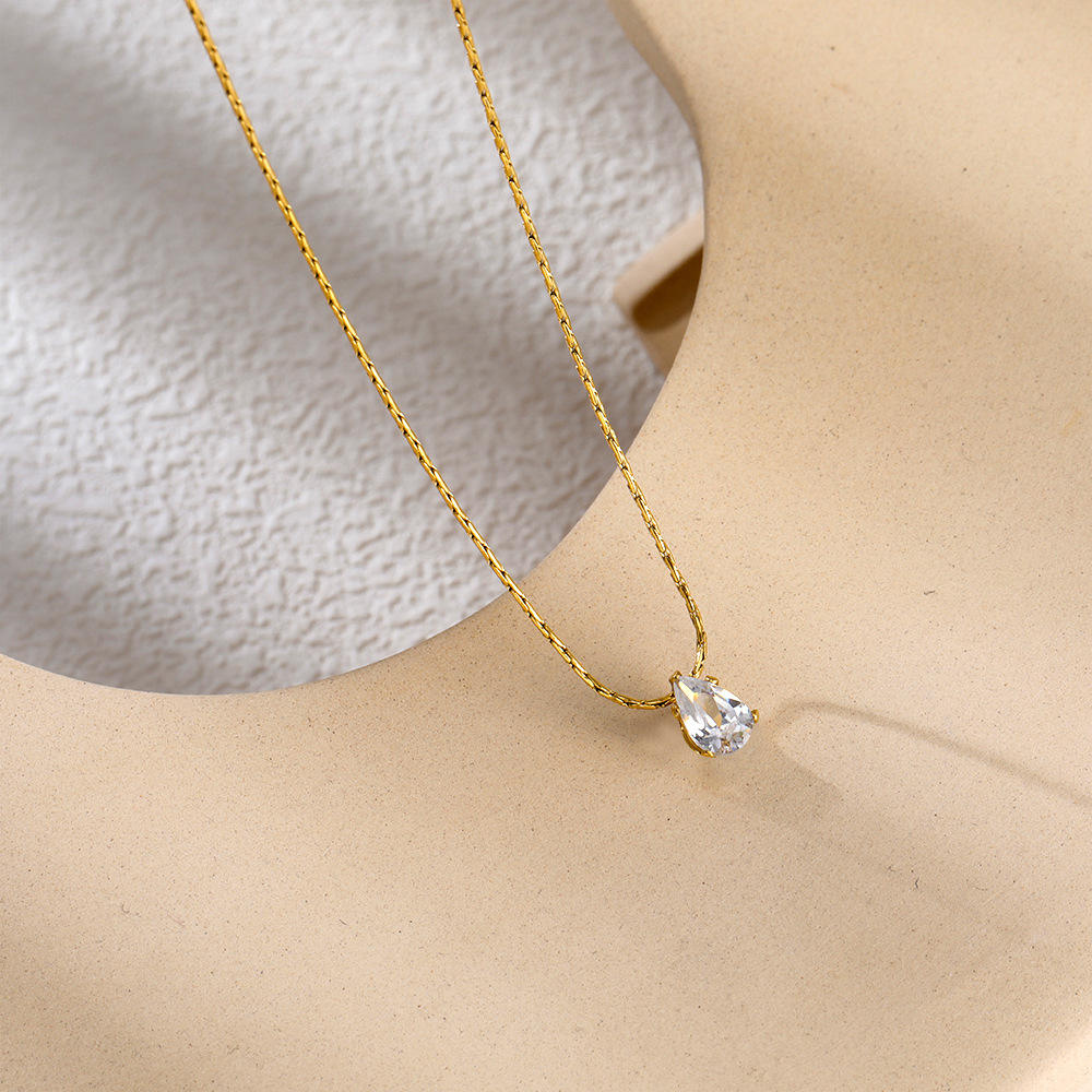 TEULRIP Gold Plated Stainless Steel Water Drop Diamond Necklace for Women
