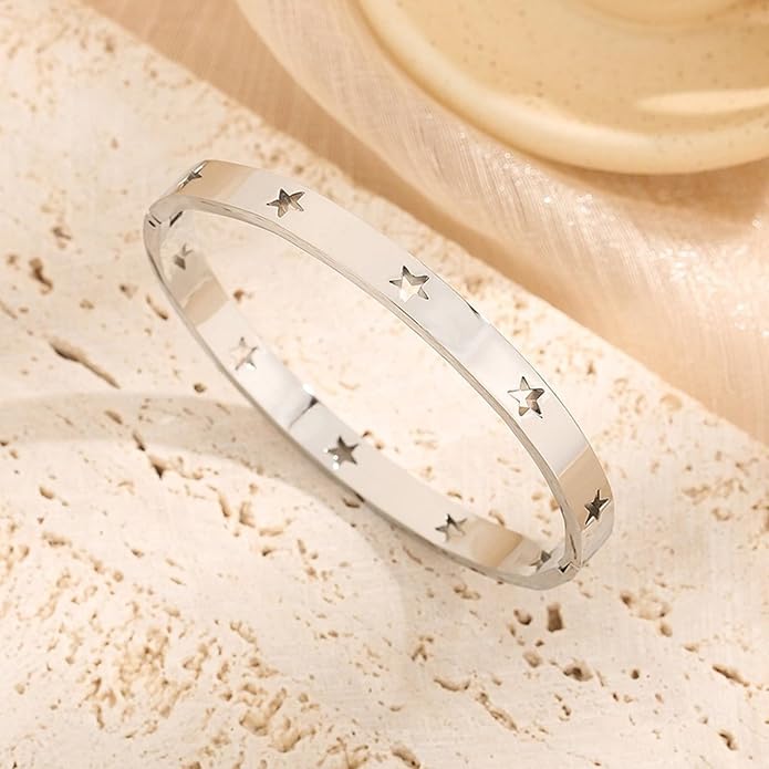 TEULRIP  Stainless Steel Hollow Star Silver Bracelet Bangle for Women
