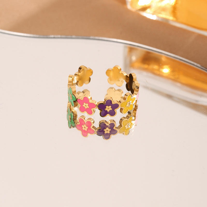 TEULRIP Stainless Steel Colorful Flower Adjustable Ring for Women
