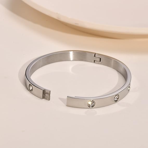 TEULRIP Stainless Steel Diamond Studded Silver Bracelet for Women