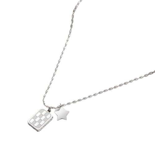 TEULRIP  Silver Stainless Steel Square Card Checkerboard Pendant Necklace for Women