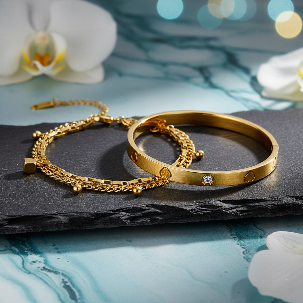 TEULRIP Bracelet Combo for Her – Gold Plated Double Layer Cuban Chain & Zircon Heart Stainless Steel Bracelets