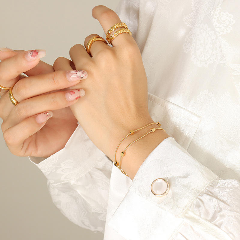 TEULRIP Anti Tarnish Gold Plated Stainless Steel Mini Square Charm Double Layer Bracelet for Women