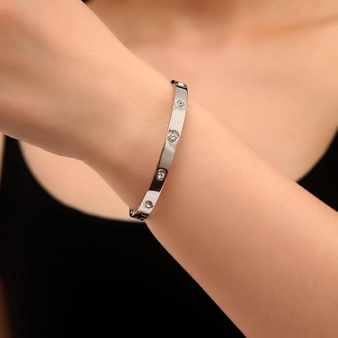 TEULRIP Stainless Steel Diamond Studded Silver Bracelet for Women